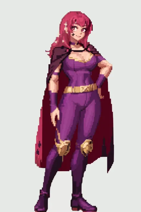 masterpiece, best quality, solo, 1girl, smile, looking at viewer,  <lora:yunaka:0.8>, yunaka fe, bodysuit, cape, star hair ornament, hair ornament, facial tattoo, cleavage, choker, <lora:SNK-Kof_sprites_Fp:0.8>, simple background, full body, standing,