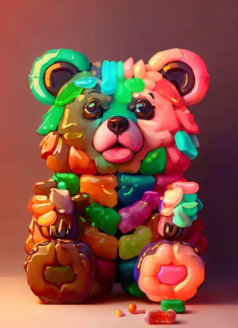 a close up of a teddy bear with a bunch of candy