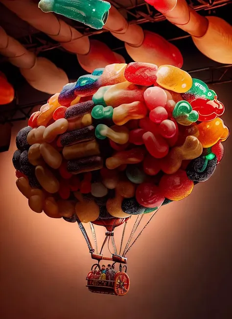 arafly shaped balloon with a bunch of candy in the air