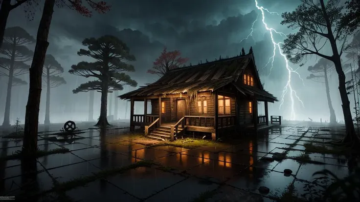 a small cabin in the woods with lightning coming out of it