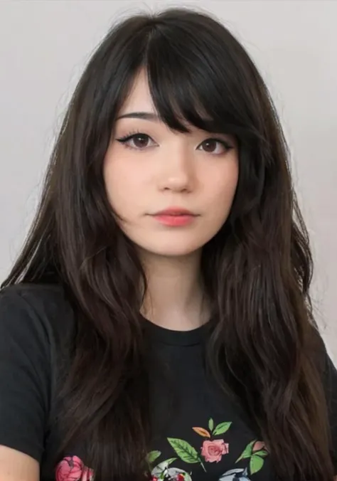 a close up of a woman with long hair wearing a black shirt