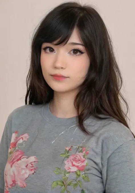 a close up of a woman with long hair wearing a grey shirt