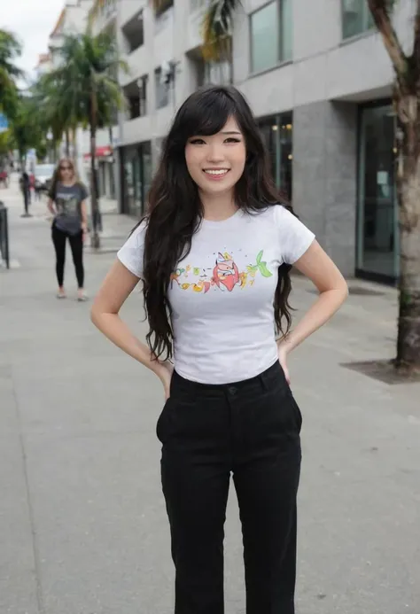 a woman standing on a sidewalk in front of a building