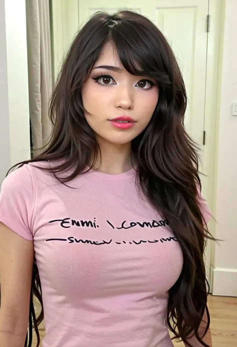 a close up of a woman with long hair wearing a pink shirt