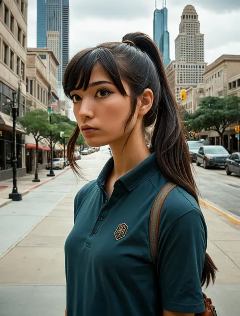 photo in the style of Alessio Albi,emirulolxl woman,walking on the sidewalk in downtown Austin Texas,casual,thinking,high ponytail,skyscrapers in the background,embedding:OverallDetailXL,<lora:EmiruXL:1>,high quality photography,skin pores,high detailed de...