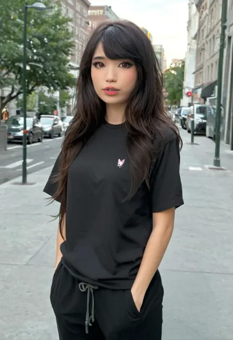 a woman standing on a sidewalk in a black shirt and black pants