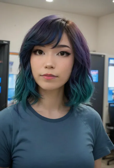 a close up of a person with a blue shirt and green hair