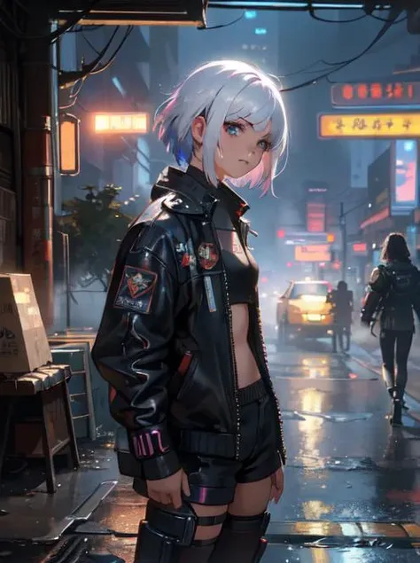 (Distant View),fantacy ,(girl:1.4),long hair,impressionist,rich gradient,extreme colors,extreme details,cute girl,night,future tech,white hair,little girl,cyberpunk 2077,short hair,dirty street,lanterns,steam,fog,indoor,cute face