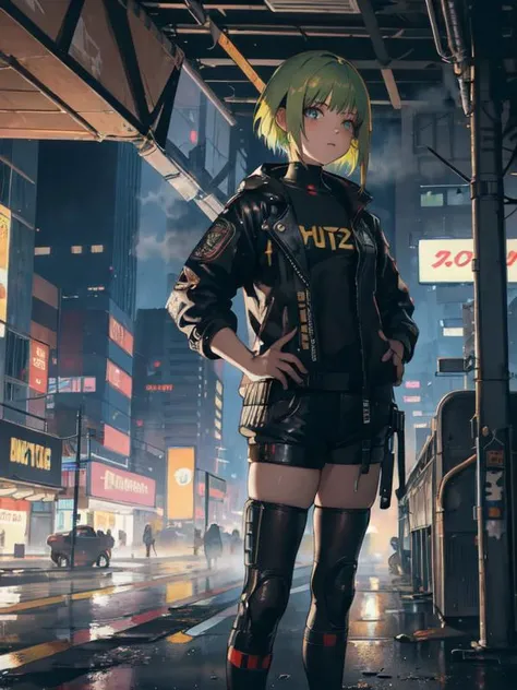 (Distant View),fantacy ,(girl:1.4),long hair,impressionist,rich gradient,extreme colors,extreme details,cute girl,night,future tech,green and yellow hair,cyberpunk 2077,layered short hair,colorful hair,dirty street,steam,fog,indoor,cute face,(oil paint),sc...