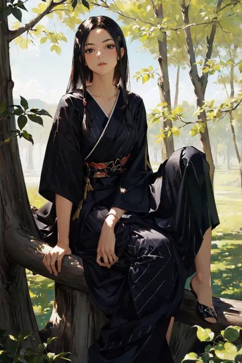 (high quality, masterpiece) 1girl, sitting on a tree, black_long_dress, samurai, black_hair, looking_at_viewer, wind, vertical_stripes pattern, long_hair, forest,