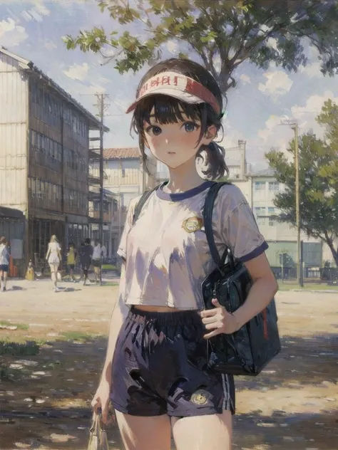 (monet color, oil painting, post-impressionist, Post Impressionist, soft lighting, impressionism, impressionist color, covered nipples:1.05), upper body, school yard, anime character, lovely, akebi, small breasts, breasts apart, 
school bag:1.15, visor cap...