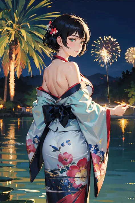 (highly detailed:1.3), masterpiece, best quality, extreme detail, 1girl, kimono, black hair, short hair, curby body, from behind, off shoulder, shoulder blades, outdoors, night, fire works, seductive smile,green eyes, aestheticism, monet color, young, key ...