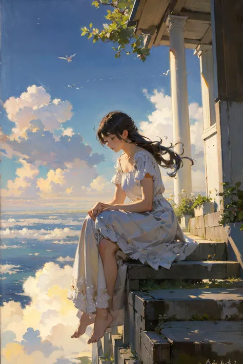 (1girl sitting on stairway to heaven), above the clouds, seas of clouds, ascending, ethereal, peaceful, graceful, innocent, hopeful, pure, dove,
post-impressionist, impressionism,