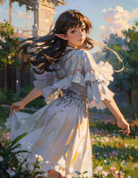 (masterpiece, best quality:1.2), dutch angle, 1woman, elf princess, long ashen hair, looking at viewer, turning around, smiling, outdoors, wind, (dyamic shot:1.1), crepuscular rays, (rim light:1.2), pastel colors, oil painting, post-Impressionist, monet st...