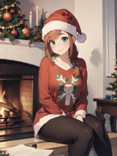 masterpiece, best quality, facing viewer, <lora:FizintineStyle:1> , fizstyle, <lora:breastsizeslideroffset:-0.1>, long hair, (freckles:1.2), brown hair, side braid, christmas, brightly colored christmas leggings, santa hat, christmas sweater, sitting in fr...