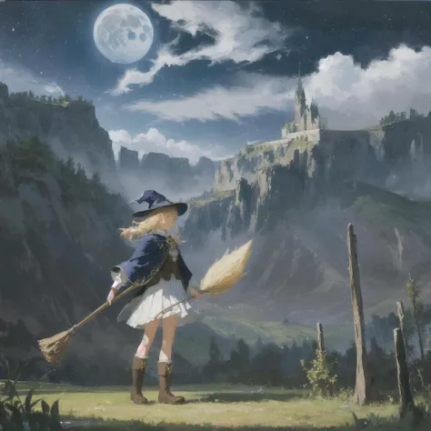 (((real picture, intricate details))),masterpiece, best quality, ultra-detailed, illustration, 1girl, solo, fantasy,, night sky, outdoors, moon, stars, clouds, wind, hair, cape, hat, boots, broomstick, glowing, mysterious, enchanting, whimsical, playful, a...