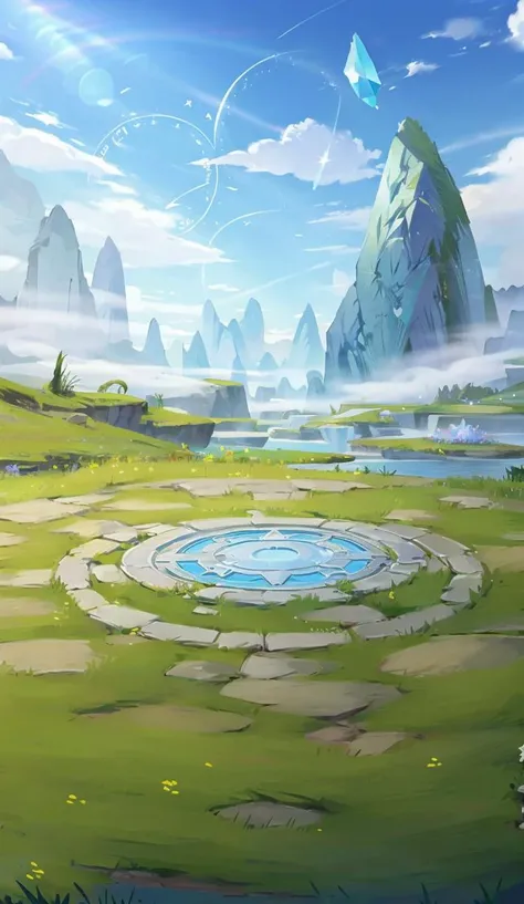 dipan,no humans, sky, scenery, outdoors, cloud, day, blue sky, crystal, grass, magic circleï¼center composition<lora:game dipan_20231028105647:0.7>, (illustration:1.0), masterpiece, best quality,