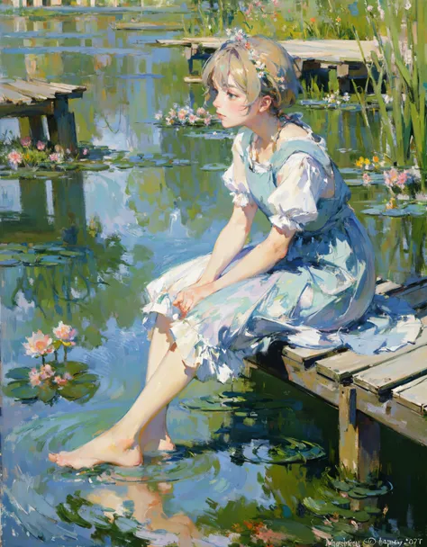 (masterpiece, best quality:1.2), close shot, 1woman, sitting on a dock, (soaking feet in pond:1.1), barefoot, ankles, anklet, pastel colors, post-impressionist, oil painting, (monet style),