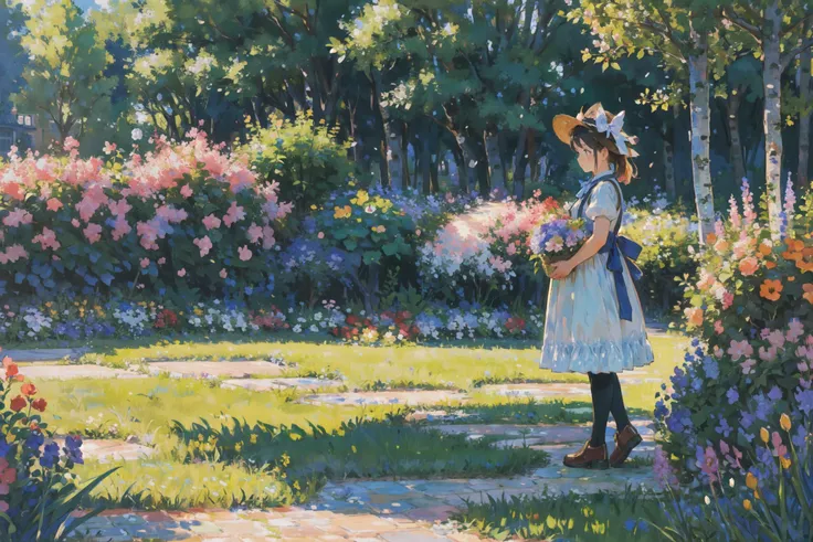 (1girl:1.5),garden,monet,impressionist,flower,garden,grass,stone step road,flowerpot,birch,maid,[doctor] cats ear,up close,holding a flower basket,rich gradient,extreme colors,extreme details,clear light perception,