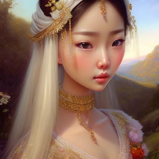 art by DollsMarinaBychkova-6500, a chinese princess, high detailed skin, hyperrealistic, saturated, sharp focus, in the painting style of Daniel Ridgway Knight, Anders Zorn, James Tissot, Jeremy Lipking, Marc Simonetti, Peter Paul Rubens, Rembrandt, Ryan P...