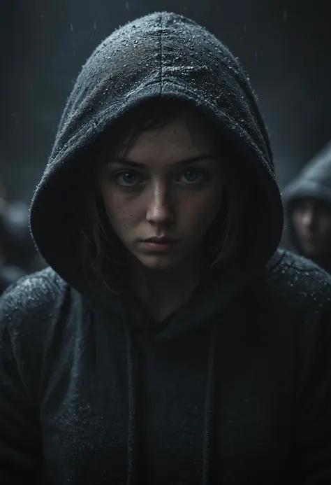 a woman in a hoodie looks at the camera while others stand around her