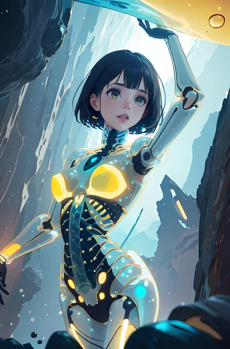 1girl,transparent skin,skeleton is visible,scifi,yellow,see-through,transparent,giggly,gelatin body,highres,original,dreamlike,gelatintech,<lora:GelatinTech:1>,style-nebmagic,, art by greg rutkowski and artgerm, soft cinematic light, adobe lightroom, photo...