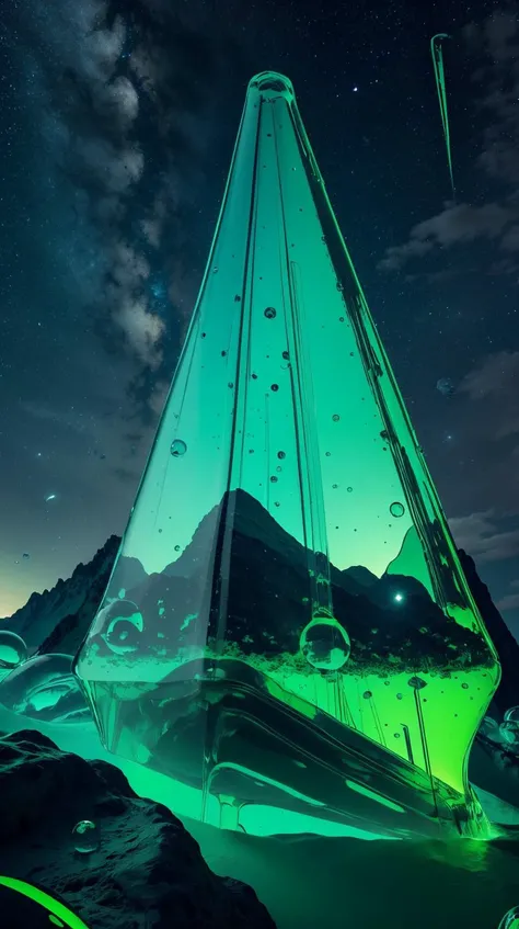 gelatintech Green a clear night sky full of stars over a silhouetted mountain range see-through, transparent, gelatinous skin, scifi <lora:GelatinTech-20:1>