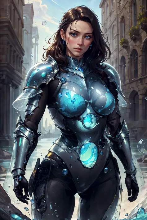 a woman in a futuristic suit standing in a city