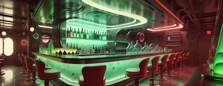 colorful bar lounge,no humans,  
 <lora:gelatintech-20:0.9> gelatintech, see-through, transparent, scifi, green , red