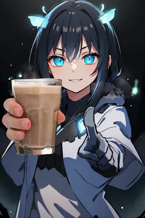 (masterpiece, best quality:1.2), solo, 1girl, smile, looking at viewer, choccymilk, pointing at viewer, bioluminescence, dark, night, darkness, cold, cold lighting, fog <lyco:concept_choccymilk-10:0.9> <lyco:Gloomifier_V2_TheGlow:1.0>