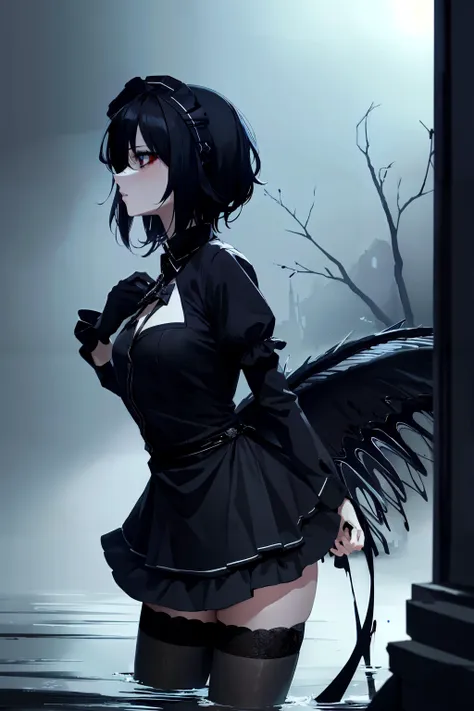 a woman in a black dress with wings standing in water