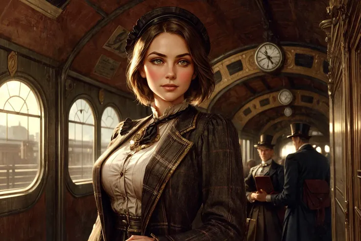 Amidst the bustling backdrop of a Victorian-era (train station) with a steam train waiting on platform, envision a striking young adventurer. She embodies the spirit of the era, with [youthful allure], [delicate curves], a [narrow waist], and [smooth, unbl...