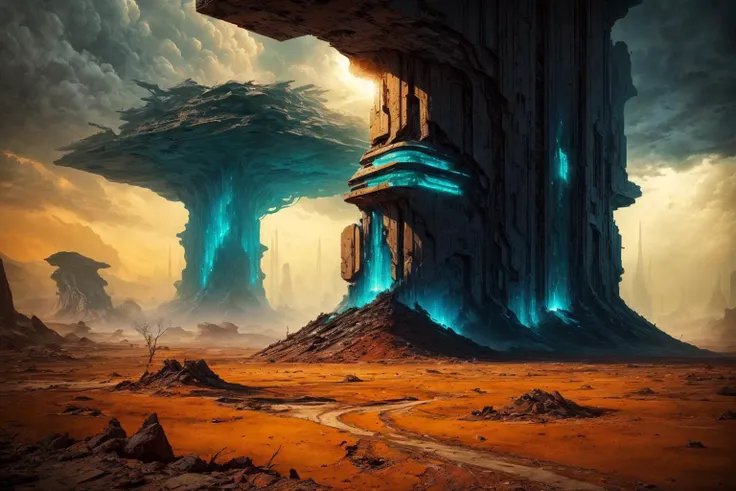 Generate a mesmerizing (landscape) art masterpiece that vividly portrays a captivating science fiction landscape, rendered in a retro style reminiscent of [HR Giger]s iconic work. The theme should exude an eerie sense of otherworldly wonder, cloaked in a f...