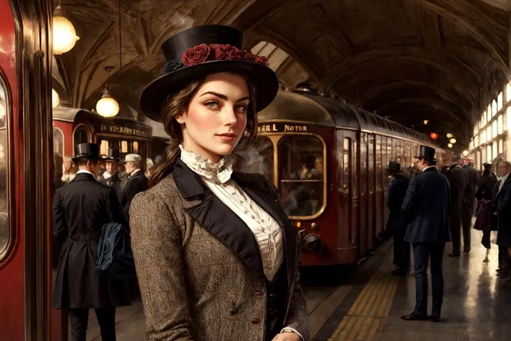 Amidst the bustling backdrop of a Victorian-era (train station) with a steam train waiting on platform, envision a striking young adventurer. She embodies the spirit of the era, with [youthful allure], [delicate curves], a [narrow waist], and [smooth, unbl...