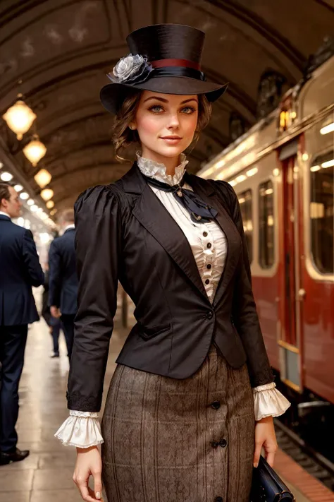 there is a woman in a hat and dress standing in a train station