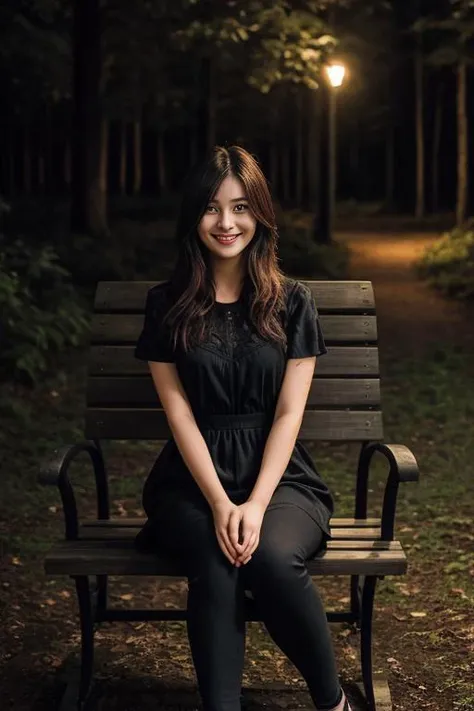 arafed woman sitting on a bench in a park at night