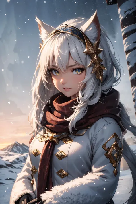 extreme quality, cg, detailed face+eyes, (bright colors), (anime), 1girl, impact, (winter), blizzard, time stop, sci fi, (tribal cat), (eskimo), animal ear fluff, fur trim, clouds, tan skin, (feather headdress), masterpiece, top tier, extravagant, 8k, unit...