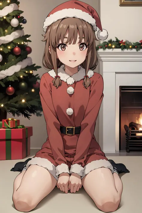 (masterpiece, 4k, best quality, highly detailed, 1girl, solo, indoors, thighs, looking away, happy, christmas tree, arms between legs), small breasts, <lora:Azusagawa Kaede(sby):0.9>, sitting on floor, (anime screencap:1.0), brown_hair, sidelocks, low_twin...