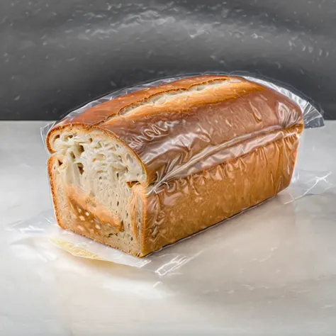 there is a loaf of bread wrapped in plastic on a table