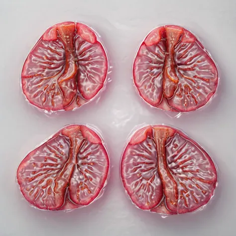 four slices of sliced tomatoes are sitting on a white surface