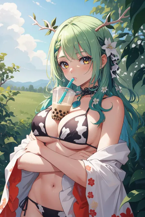 (masterpiece, best quality), intricate details,
(1girl),     <lora:CeresFauna:0.8> Ceres Fauna, antlers, long hair, braided bangs, hair flower, Ceres Fauna, antlers, print bikini, cow print
 <lora:concept_bubbleteachallenge:0.8> bubble tea challenge, drink...