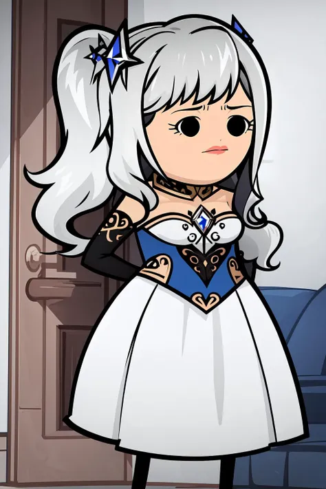 a cartoon girl in a white dress with a blue sash