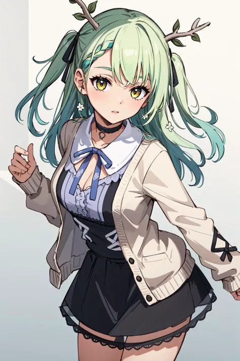 a close up of a person with a green hair and a jacket