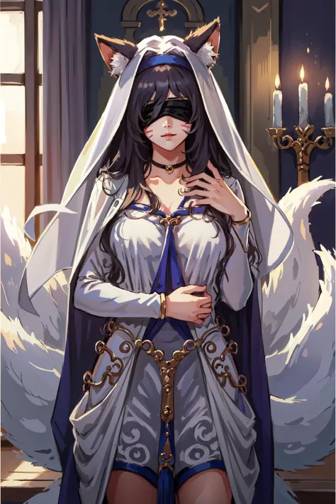 a woman in a white dress with a cat mask and a blue cape