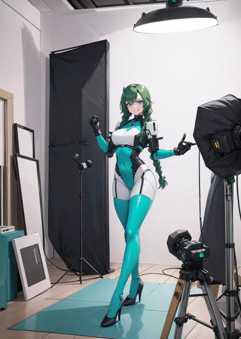 (1girl, dark green hair absurdly long hair twin braids, robot eyes, evil determined crazy smile) (digital) (in detailed garage, bodystocking, glowing neon green bionic spine vertebrae ribs) , best quality, photostudio, shooting light, indoors, cable, light...