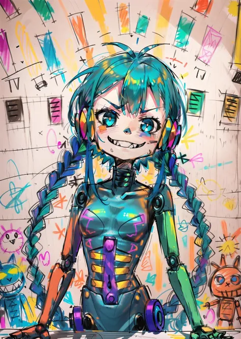 (1girl, blue hair long hair multiple braids, robot eyes, evil determined crazy smile) (digital) (in detailed locker room, Boubou, glowing neon green bionic spine vertebrae ribs) , best quality, doodle, messy, stickfigure, crayola, crayons, colored chalk, s...