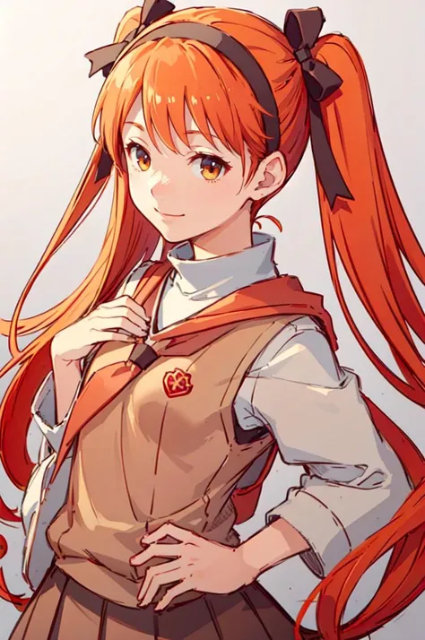 smile, <lora:RtPL-Lina:0.85> lyuri_(riviera), headband, orange_hair, long_hair, hair_bow, <lora:tokiwadai_school_uniform:1> tokiwadai school uniform,, ultra detailed, masterpiece, best quality, aesthetic, detailed,