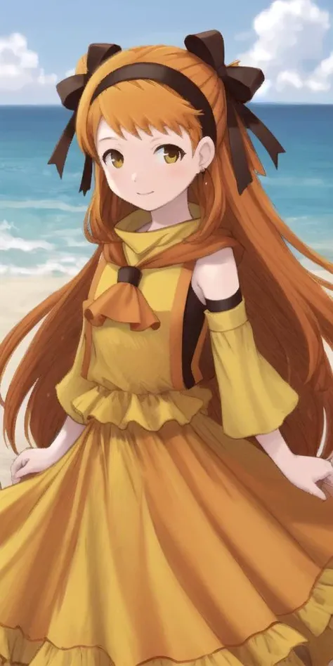 absolutely-impressive-lifelike-realistic,  <lora:RtPL-Lina:1> lyuri_(riviera), headband, orange_hair, long_hair, hair_bow, orange_dress