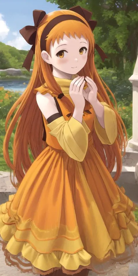 absolutely-impressive-lifelike-realistic,  <lora:RtPL-Lina:1> lyuri_(riviera), headband, orange_hair, long_hair, hair_bow, orange_dress