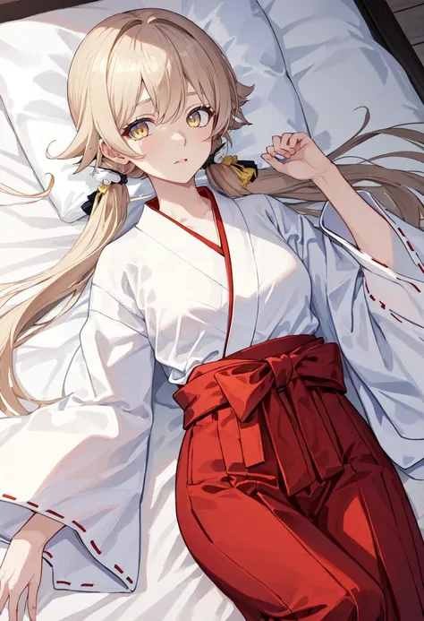 best quality, masterpiece, highres, solo, (hifumi_bluearchive:1.10), (white kimono:1.35), (red hakama:1.35), (wide sleeves:1.20), 23 <lora:hifumi_bluearchive:0.80>